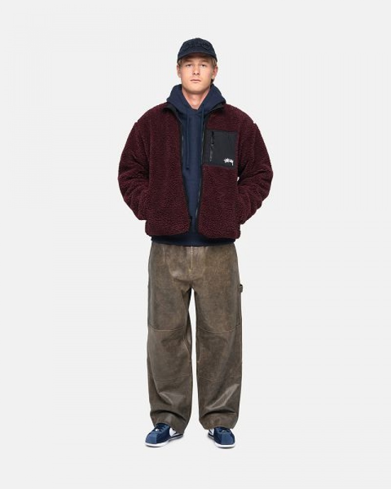 Burgundy Stussy Sherpa Reversible Jackets | 2068MHUCL