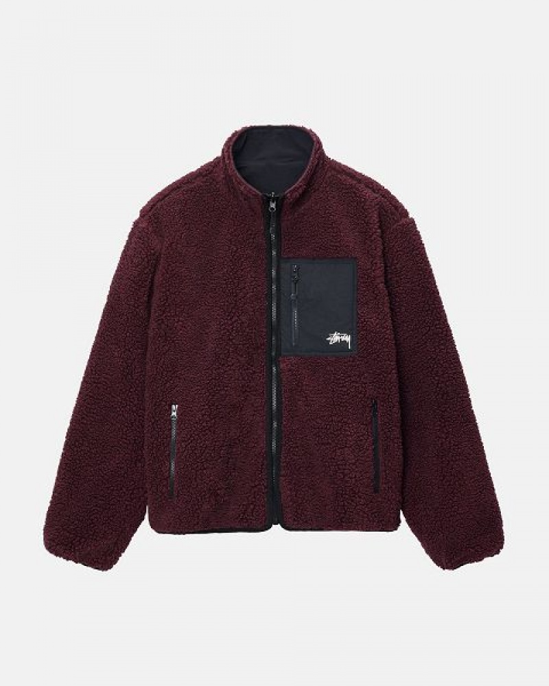 Burgundy Stussy Sherpa Reversible Jackets | 2068MHUCL