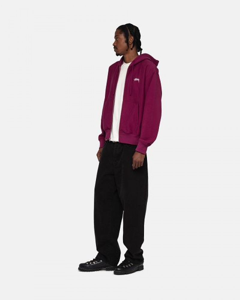 Burgundy Stussy Stock Logo Zip Hoodie | 1789QTJCA