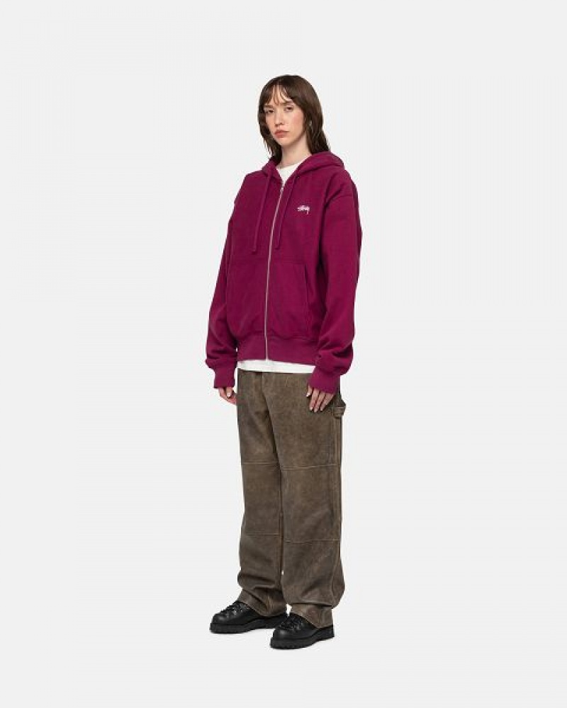 Burgundy Stussy Stock Logo Zip Hoodie | 1789QTJCA