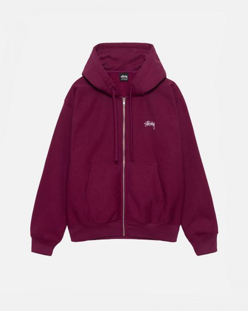 Burgundy Stussy Stock Logo Zip Hoodie | 1789QTJCA