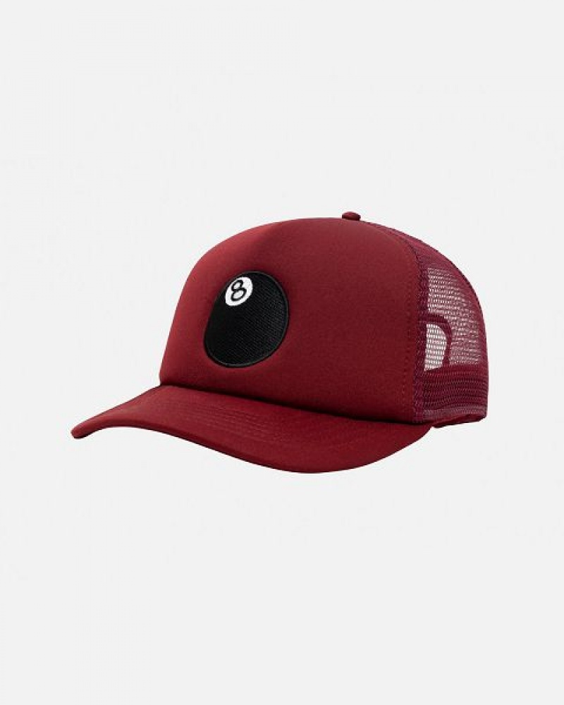 Burgundy / Black Stussy Trucker 8 Ball Snapback Caps | 9304ATKHL