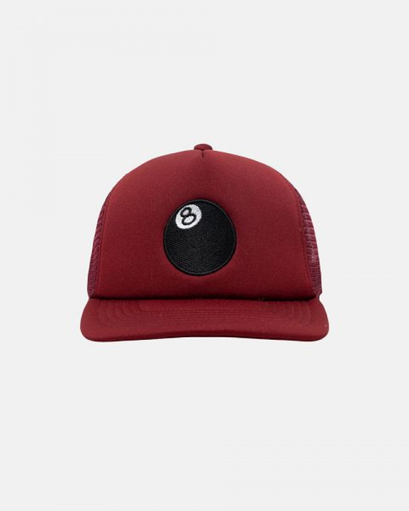 Burgundy / Black Stussy Trucker 8 Ball Snapback Caps | 9304ATKHL