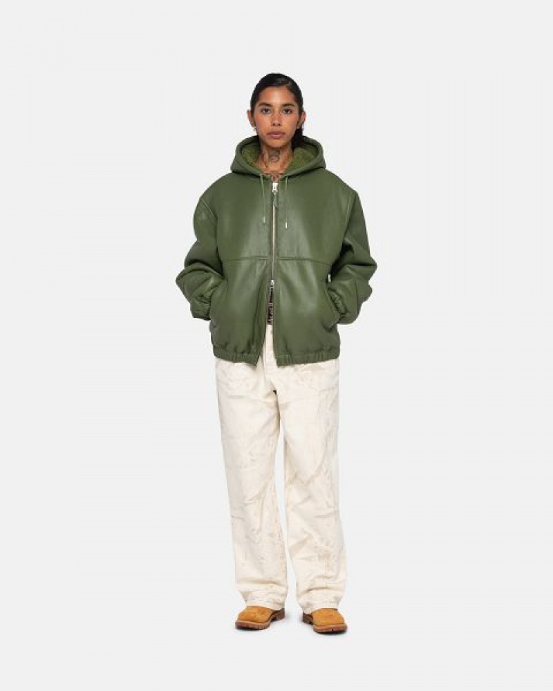 Green Stussy Work Jacket Shearling Denim Jackets | 3970FAONG