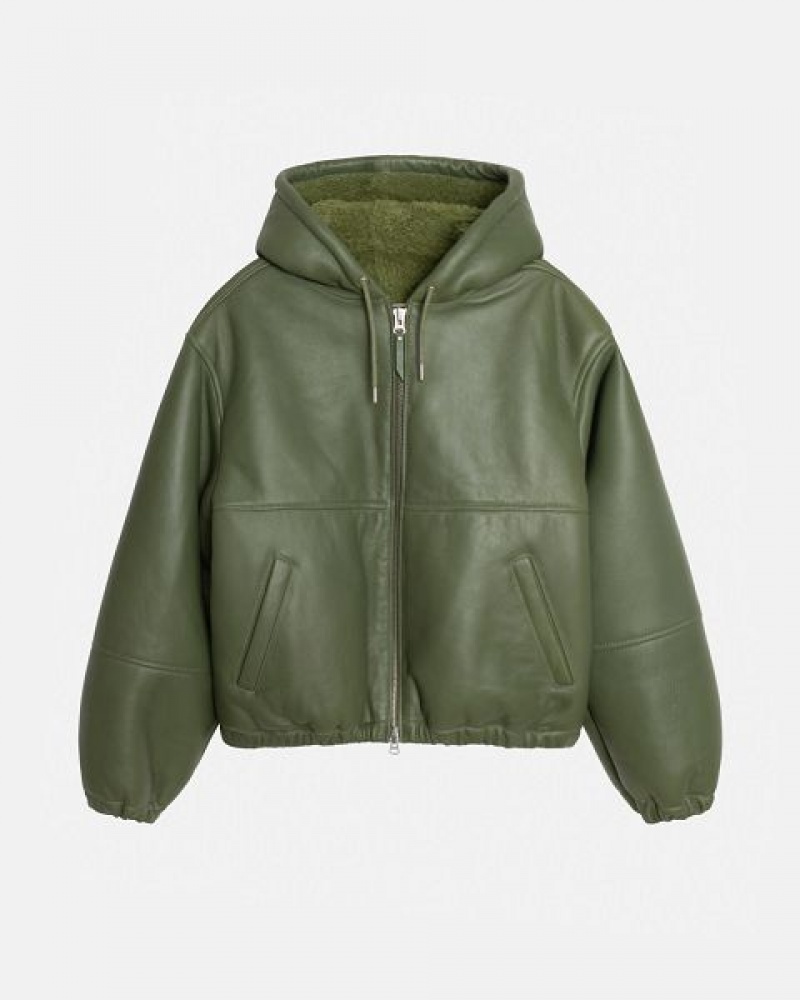 Green Stussy Work Jacket Shearling Denim Jackets | 3970FAONG