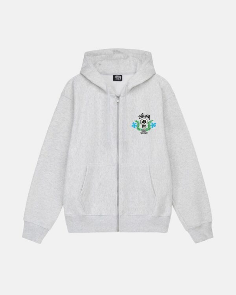 Grey Stussy Skull Crest Zip Hoodie | 8579WGJNU