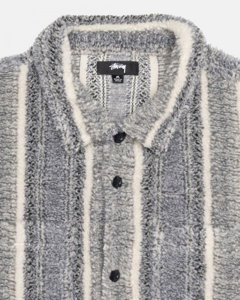 Grey Stussy Striped Sherpa Shirts | 2561QAZPN