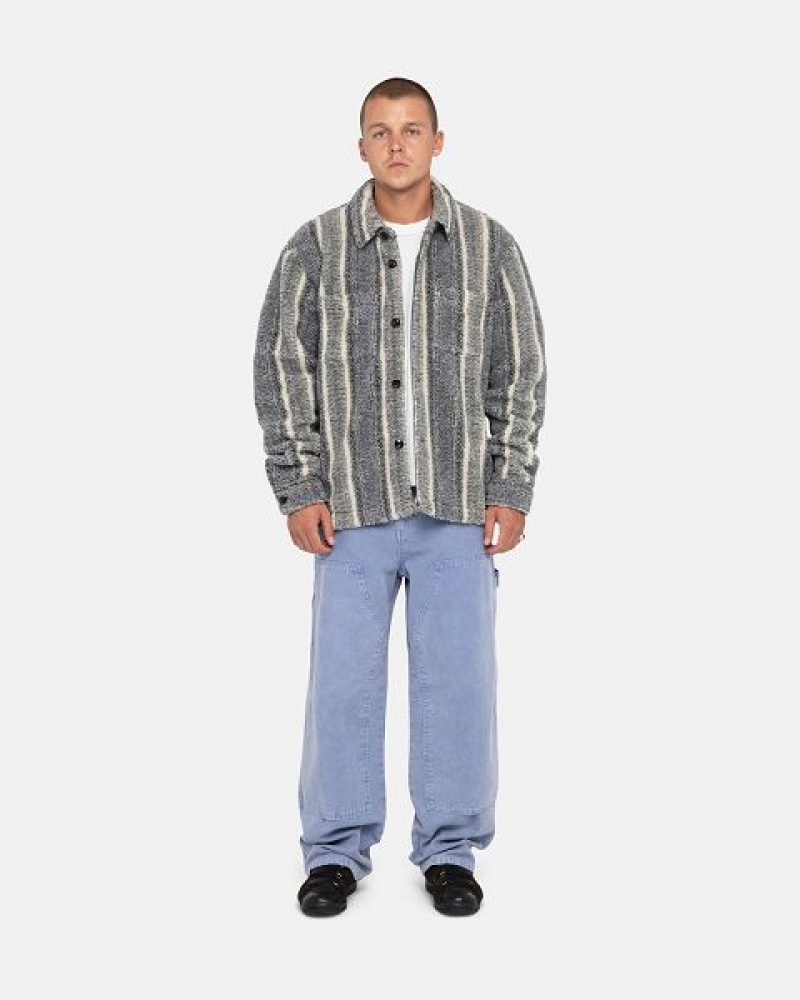 Grey Stussy Striped Sherpa Shirts | 2561QAZPN