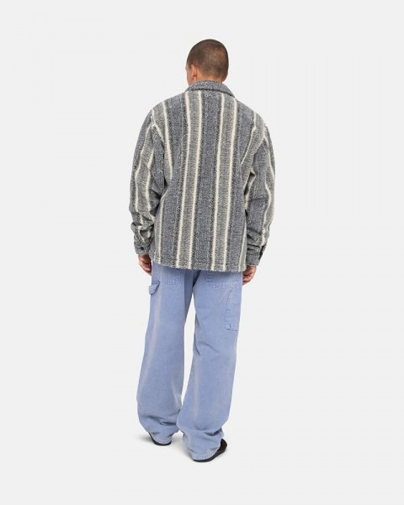 Grey Stussy Striped Sherpa Shirts | 2561QAZPN