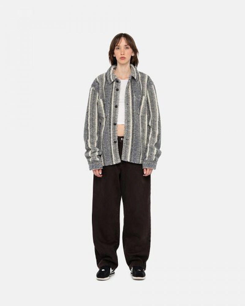 Grey Stussy Striped Sherpa Shirts | 2561QAZPN