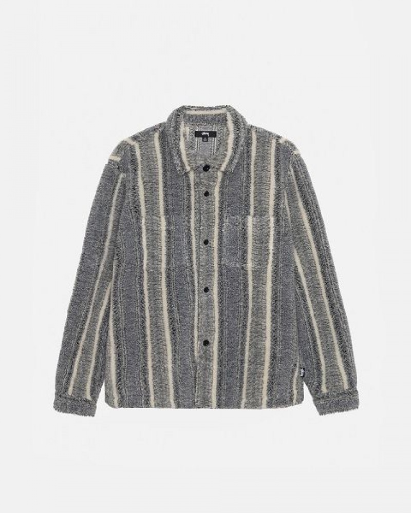 Grey Stussy Striped Sherpa Shirts | 2561QAZPN