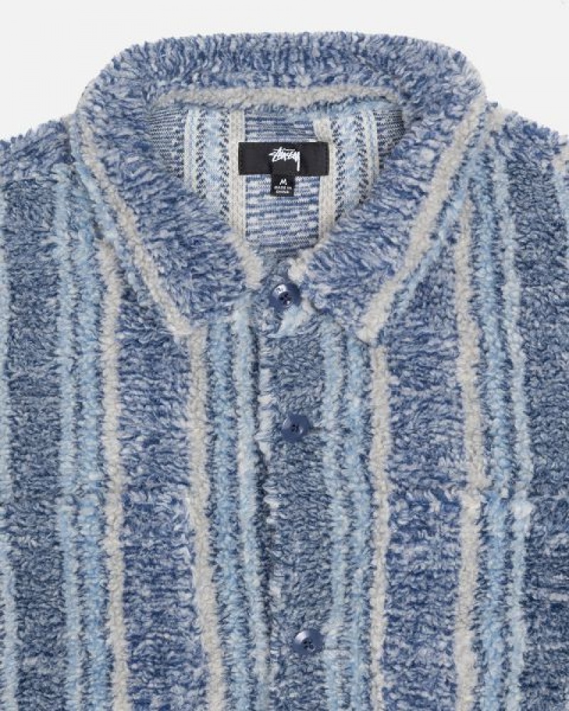 Indigo Stussy Striped Sherpa Shirts | 4962GPUHS