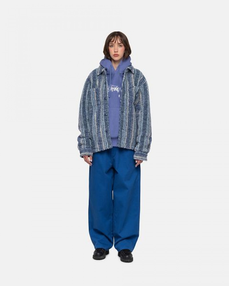 Indigo Stussy Striped Sherpa Shirts | 4962GPUHS