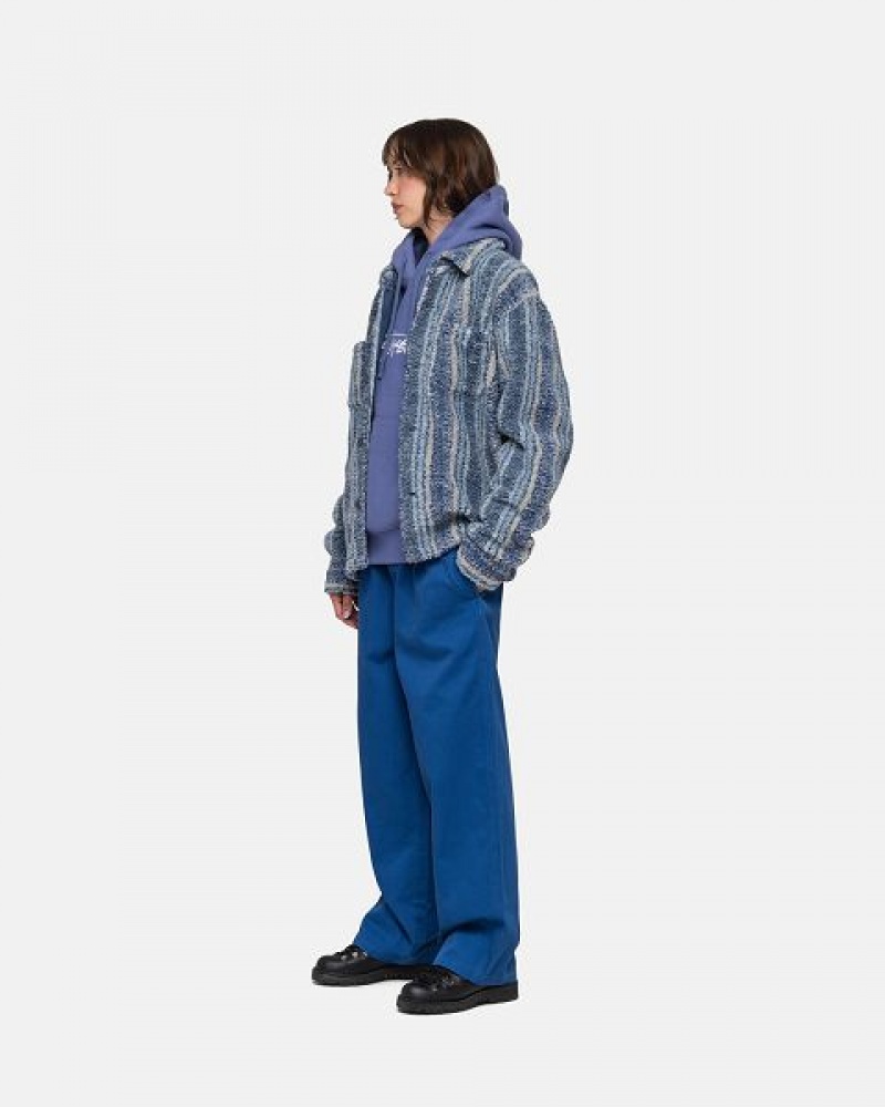 Indigo Stussy Striped Sherpa Shirts | 4962GPUHS