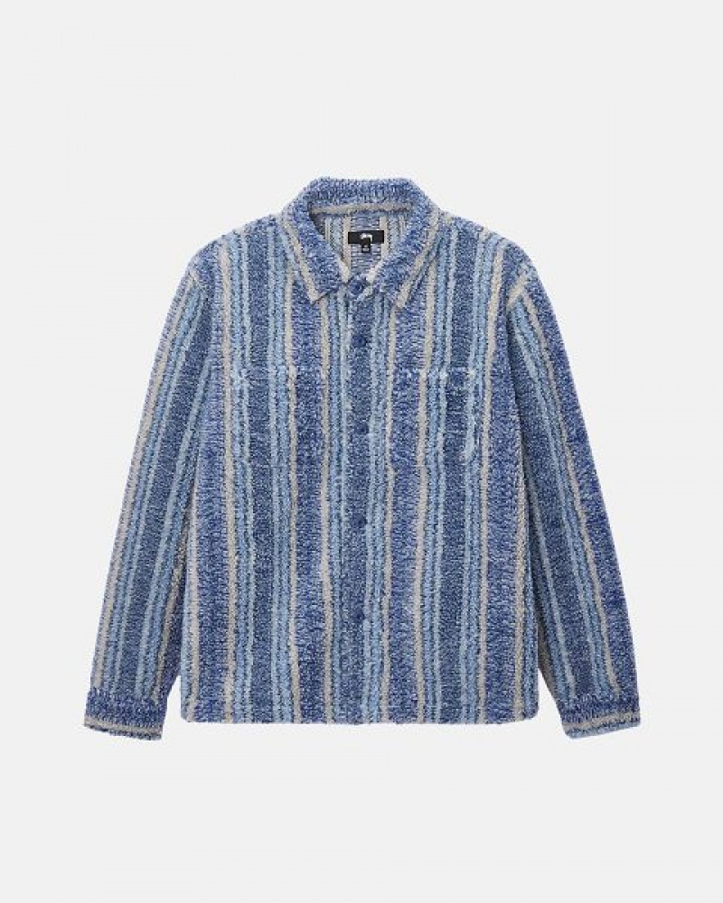 Indigo Stussy Striped Sherpa Shirts | 4962GPUHS