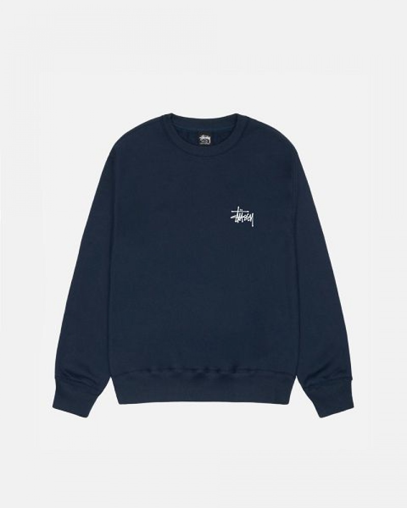 Navy Stussy Basic Crew Sweatshirts | 6854KRPSQ