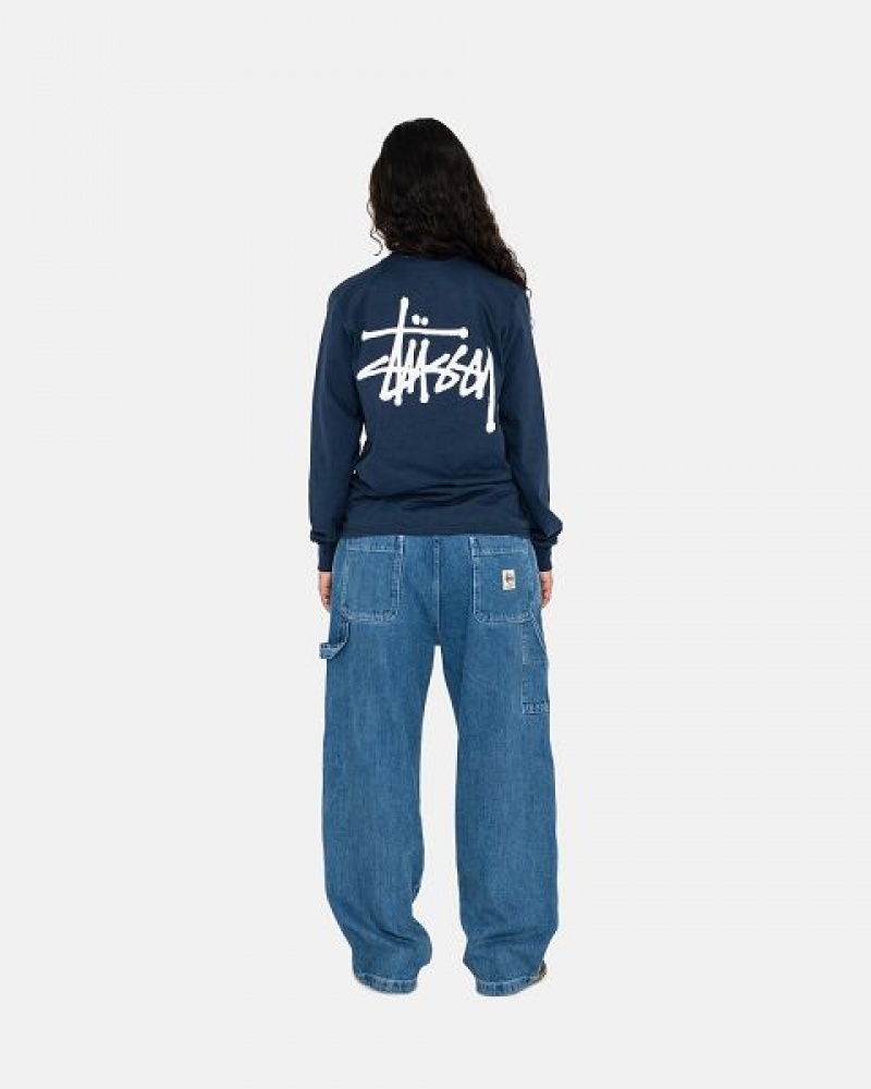 Navy Stussy Basic Ls Sweatshirts | 6132WXIYL