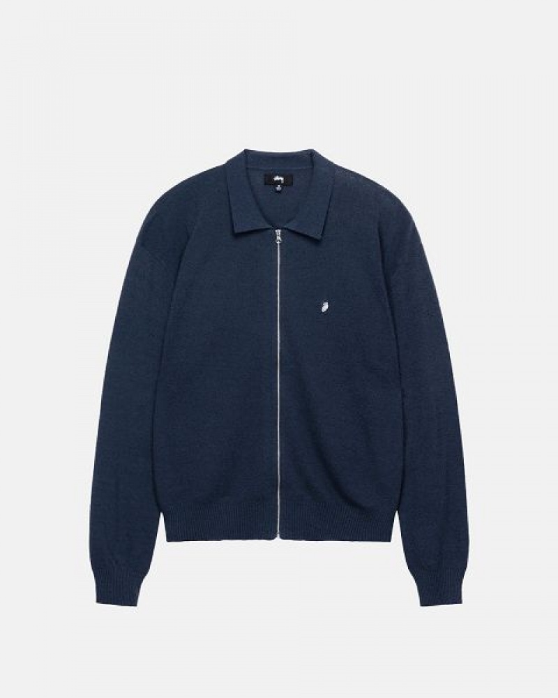 Navy Stussy Light Weight Ls Zip Polo Shirts | 2806AOMUT