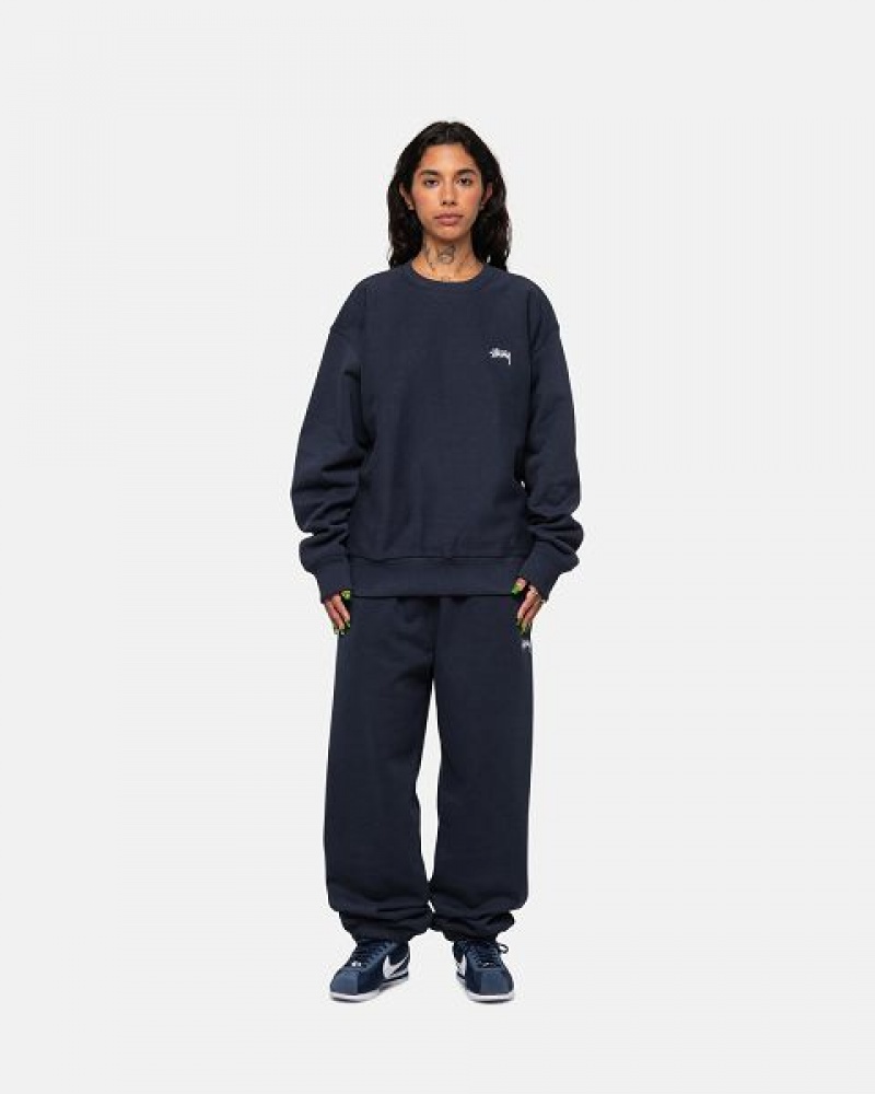 Navy Stussy Stock Logo Crew Sweatshirts | 7086GOMKQ