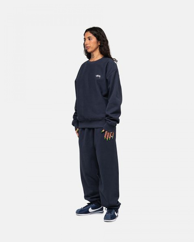 Navy Stussy Stock Logo Crew Sweatshirts | 7086GOMKQ