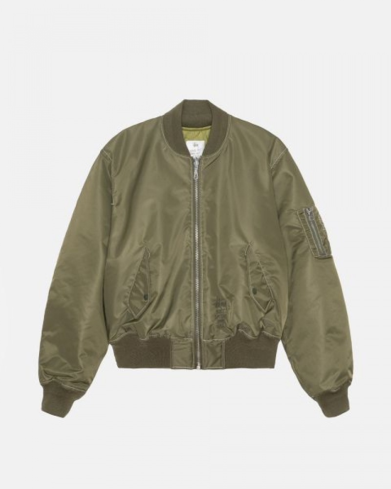 Olive Stussy Built Reversible Bomber Jackets | 8210OWRYV