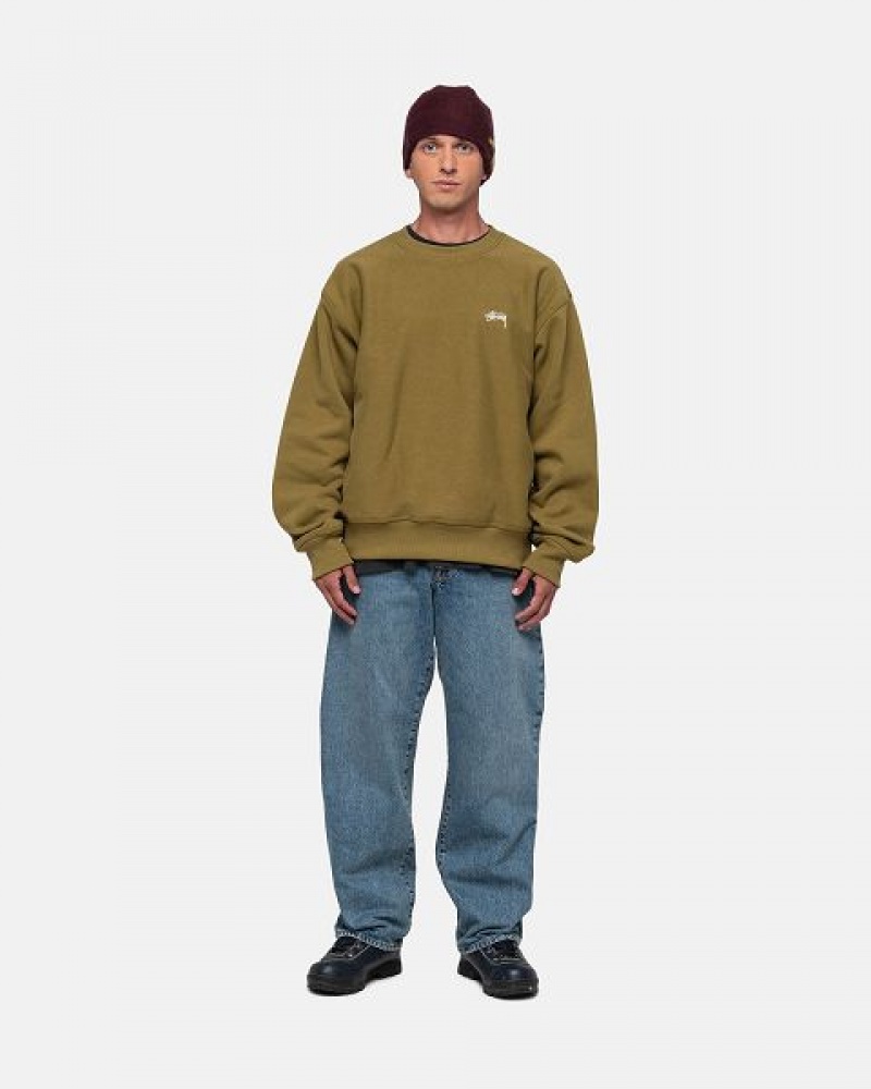 Olive Stussy Stock Logo Crew Sweatshirts | 8543MTPLR