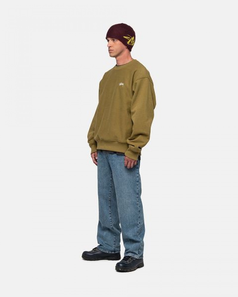 Olive Stussy Stock Logo Crew Sweatshirts | 8543MTPLR