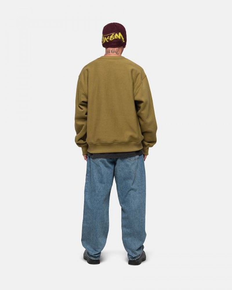 Olive Stussy Stock Logo Crew Sweatshirts | 8543MTPLR