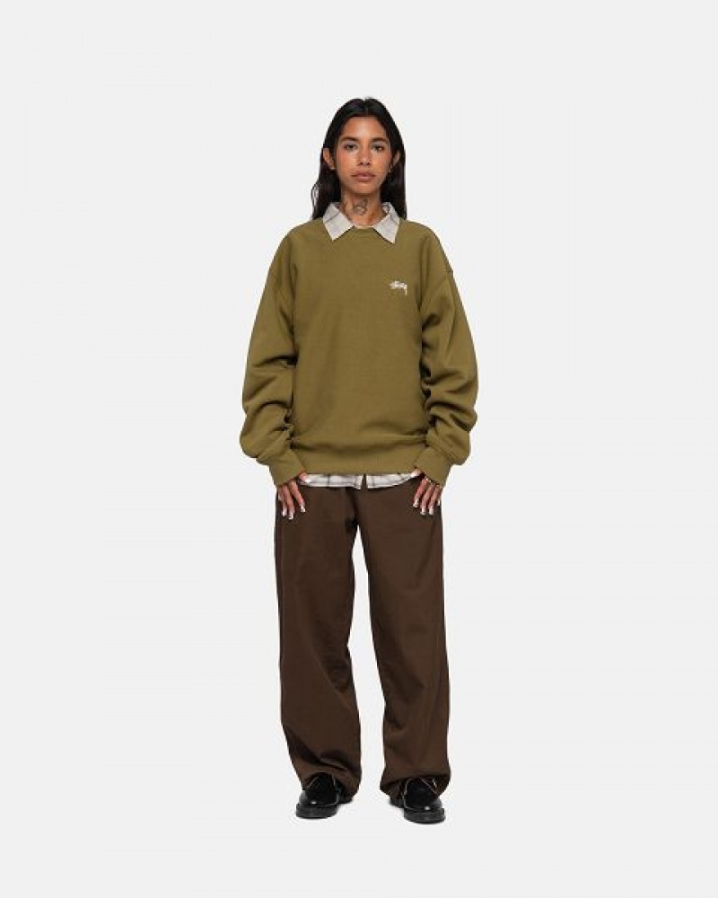 Olive Stussy Stock Logo Crew Sweatshirts | 8543MTPLR