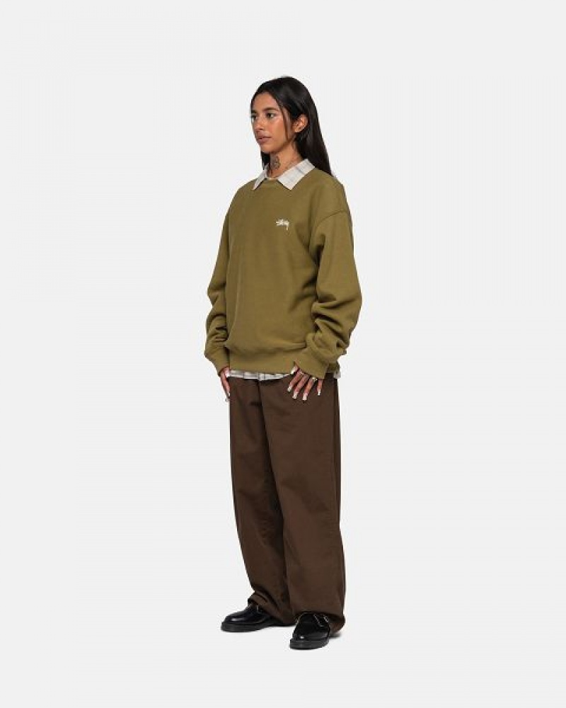 Olive Stussy Stock Logo Crew Sweatshirts | 8543MTPLR