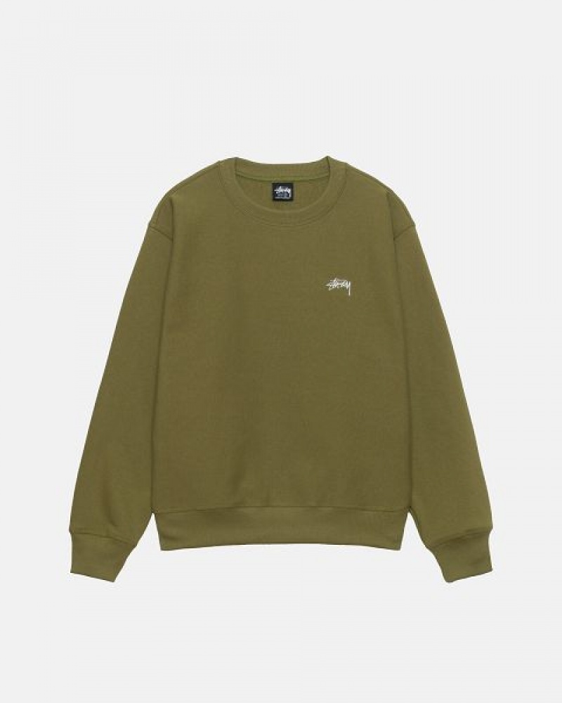 Olive Stussy Stock Logo Crew Sweatshirts | 8543MTPLR