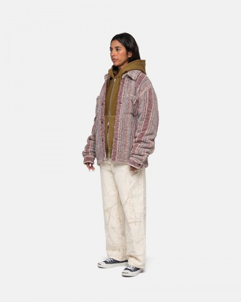 Purple Stussy Striped Sherpa Shirts | 4376BAHWG