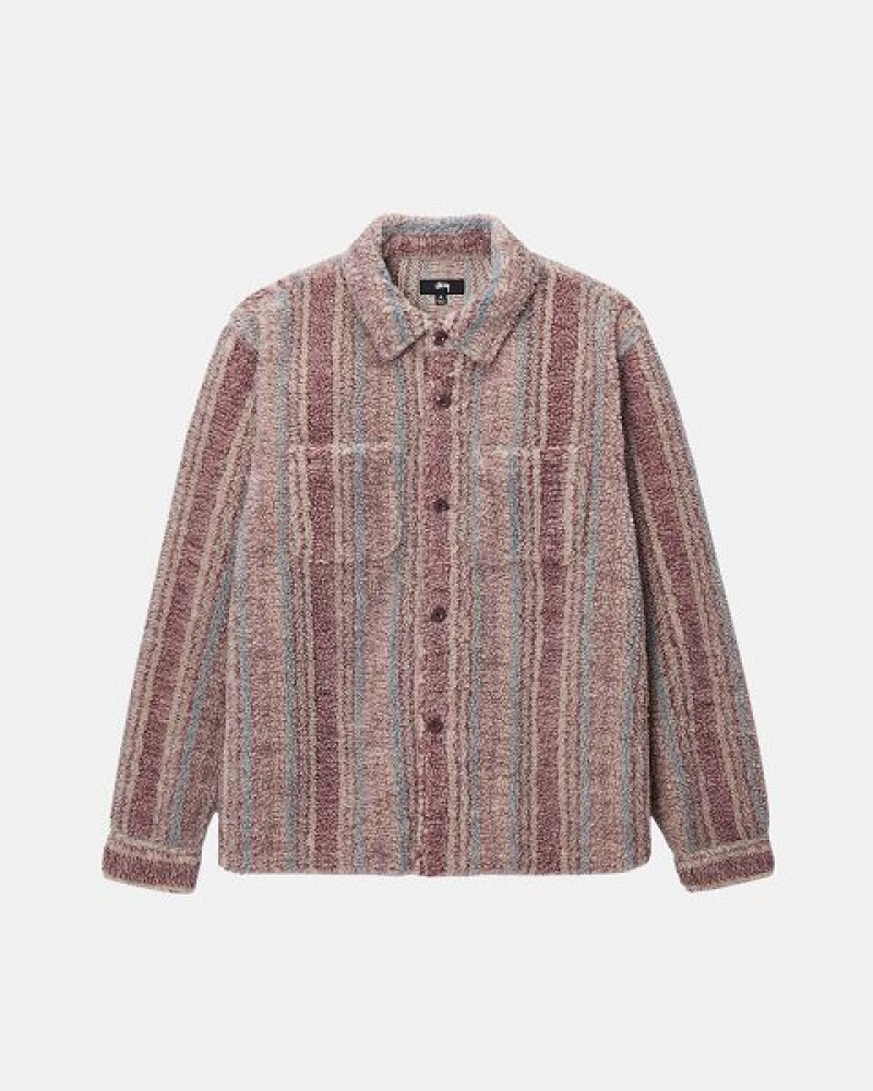 Purple Stussy Striped Sherpa Shirts | 4376BAHWG