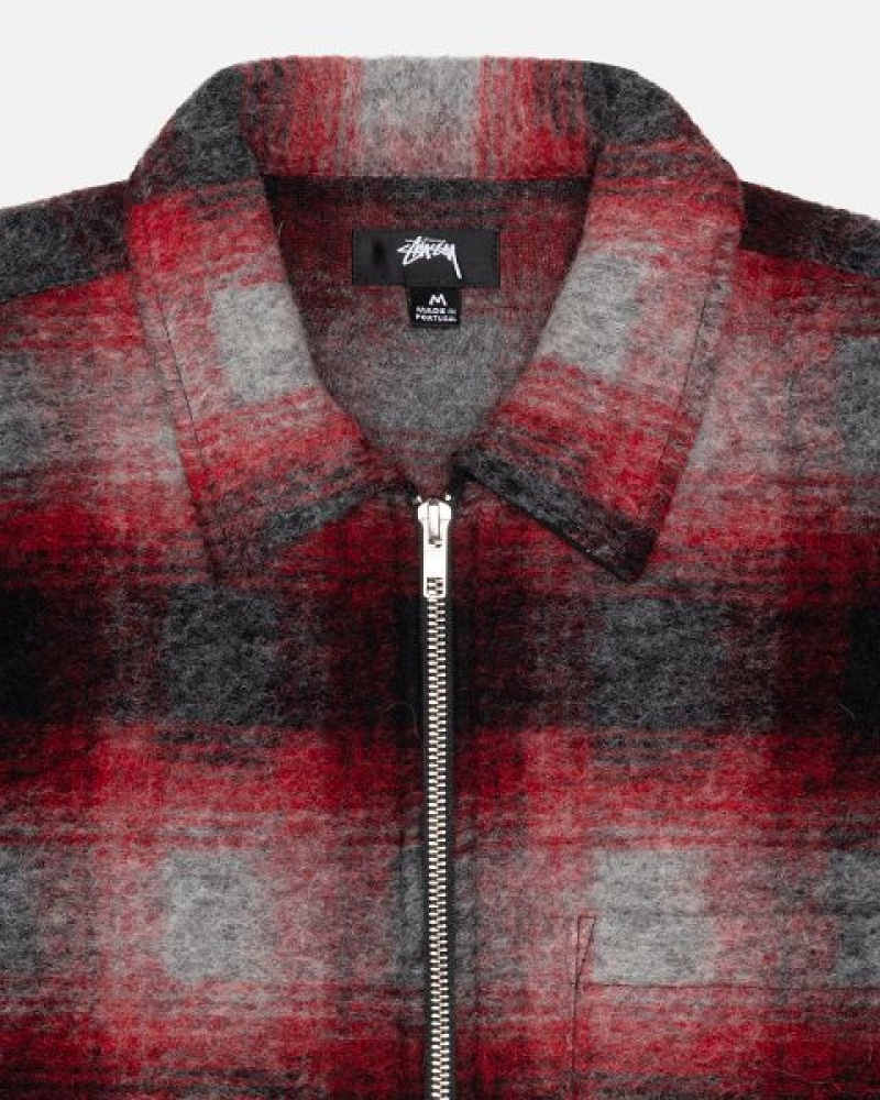 Red Stussy Brushed Wool Plaid Zip Shirts | 2391OHEUP