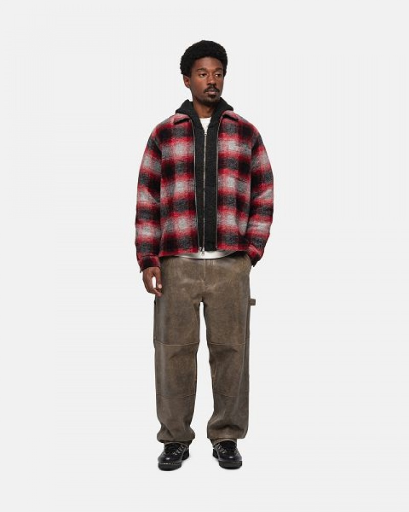 Red Stussy Brushed Wool Plaid Zip Shirts | 2391OHEUP