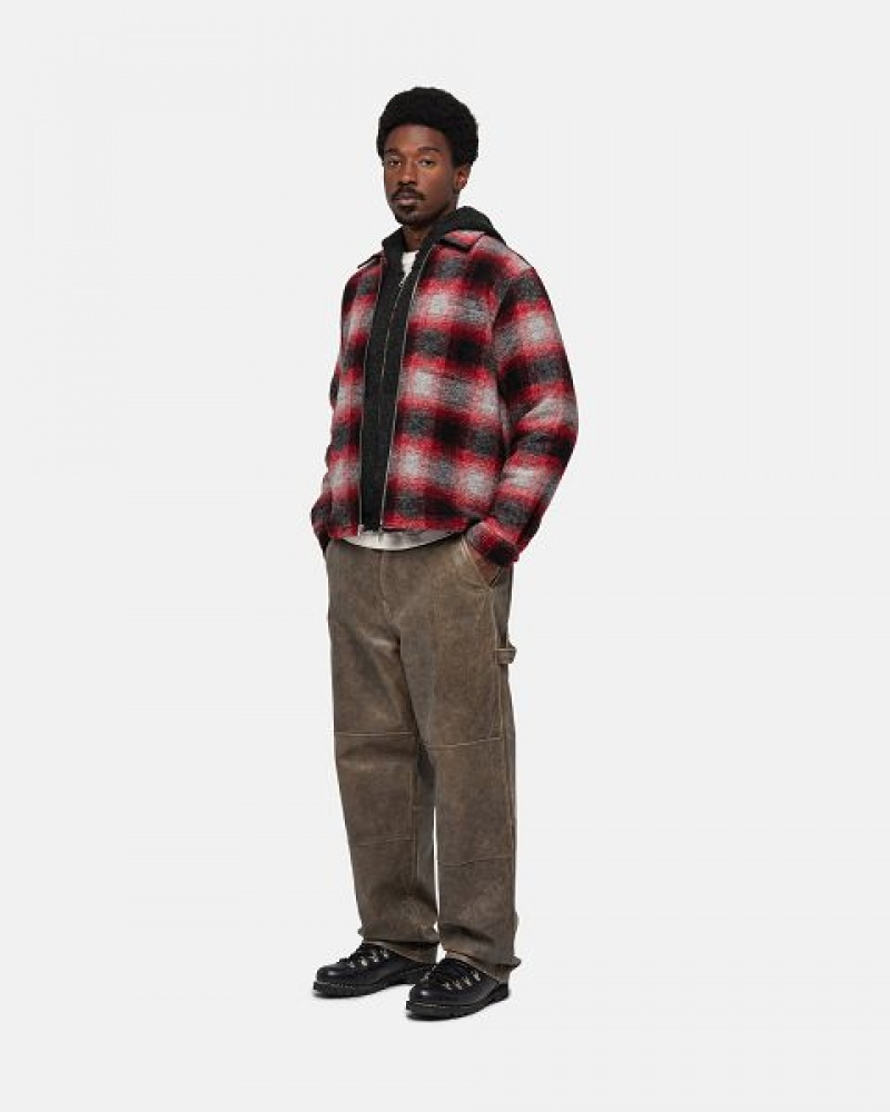 Red Stussy Brushed Wool Plaid Zip Shirts | 2391OHEUP