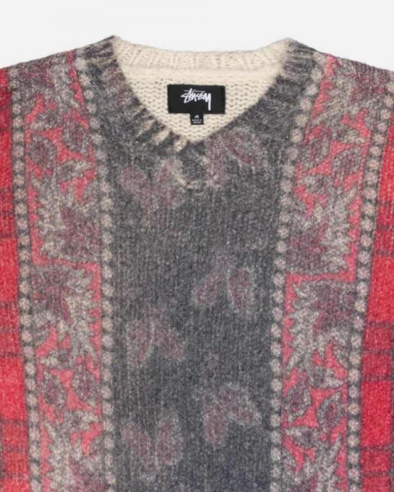 Red / Grey Stussy Mixed Print Alpaca Sweaters | 4037BEKPQ