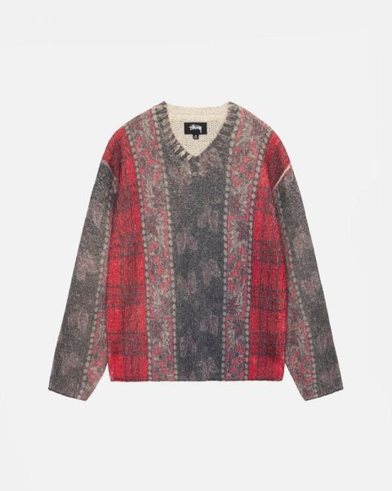 Red / Grey Stussy Mixed Print Alpaca Sweaters | 4037BEKPQ