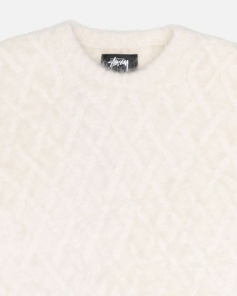 White Stussy Fuzzy Lattice Crew Sweaters | 7912UDZJM