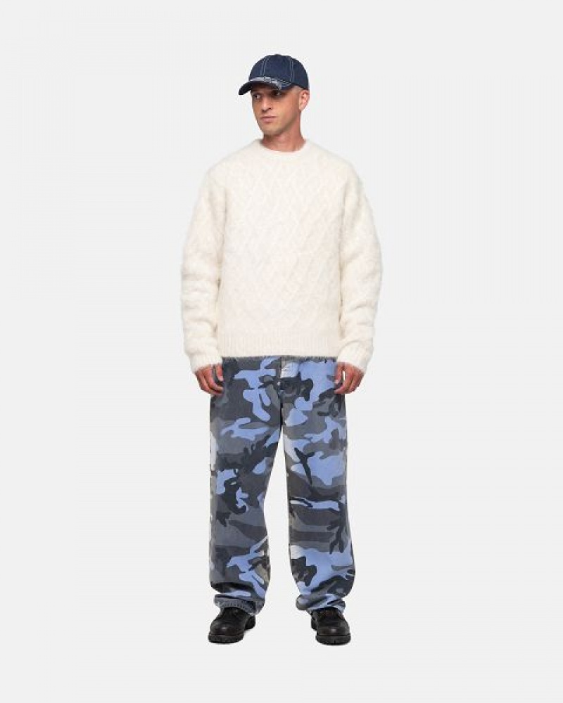 White Stussy Fuzzy Lattice Crew Sweaters | 7912UDZJM