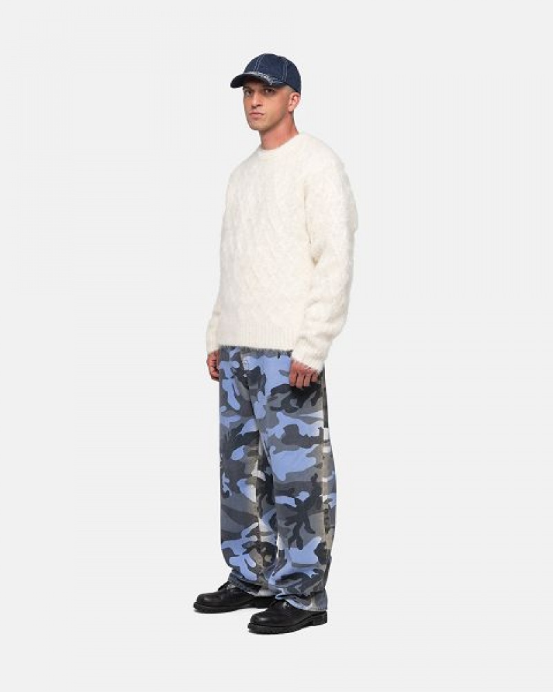 White Stussy Fuzzy Lattice Crew Sweaters | 7912UDZJM