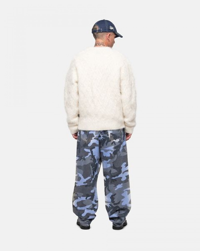 White Stussy Fuzzy Lattice Crew Sweaters | 7912UDZJM