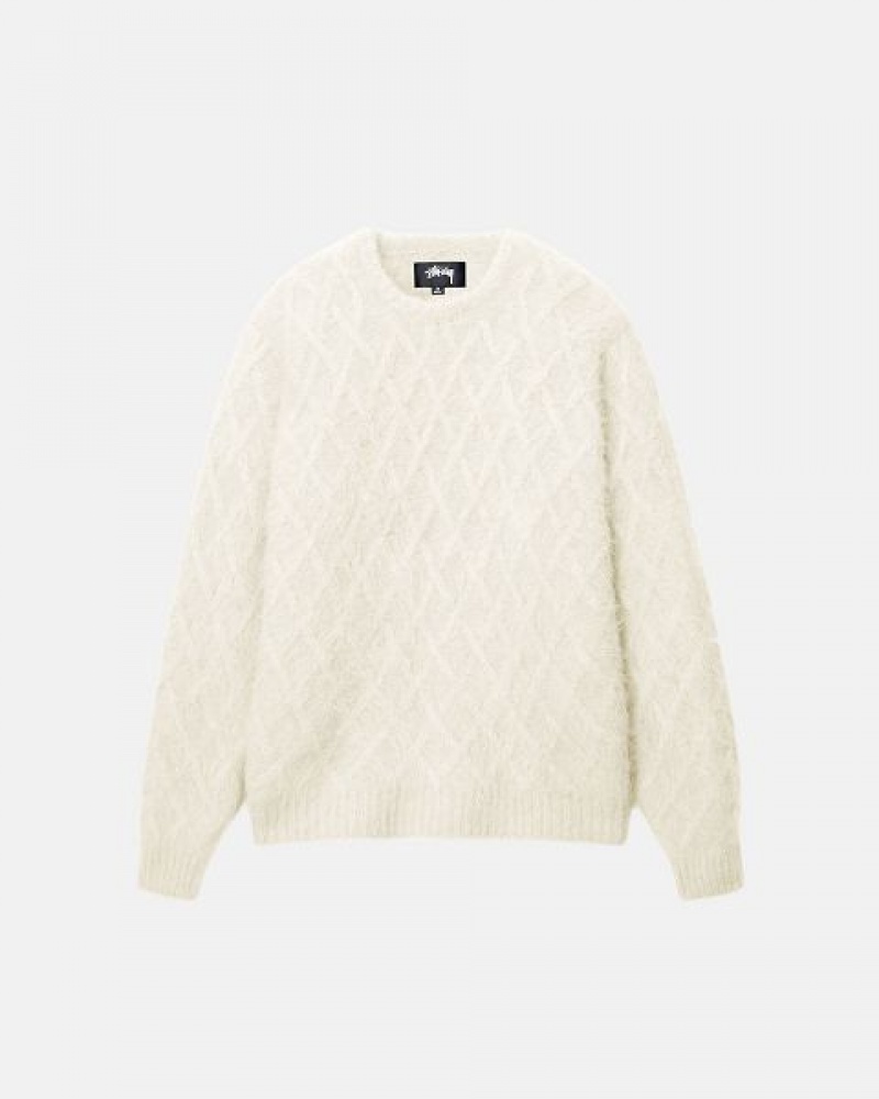 White Stussy Fuzzy Lattice Crew Sweaters | 7912UDZJM