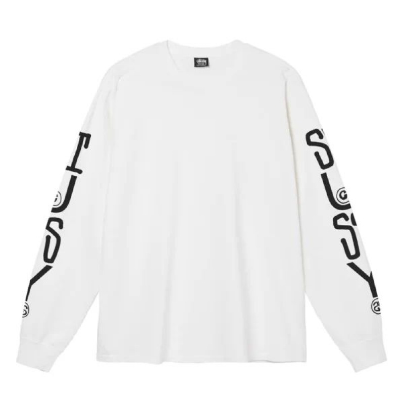 White / Black Stussy Classic Stack Pigment Dyed Ls Sweatshirts | 0598XMHUD