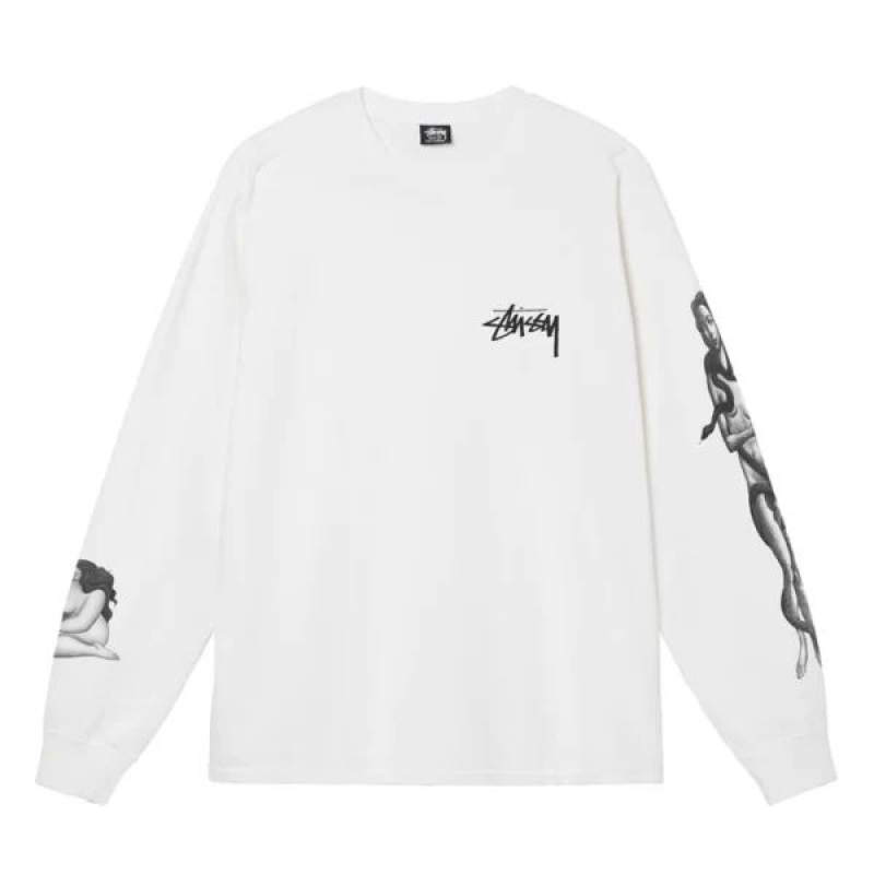 White / Black Stussy Venus Pigment Dyed Ls Sweatshirts | 8075WHBNP