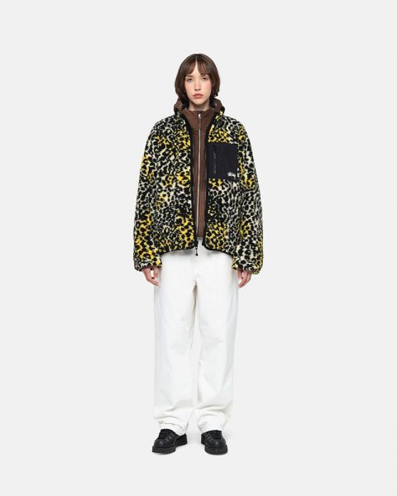 Yellow Leopard Stussy Sherpa Reversible Jackets | 3719MBRLJ