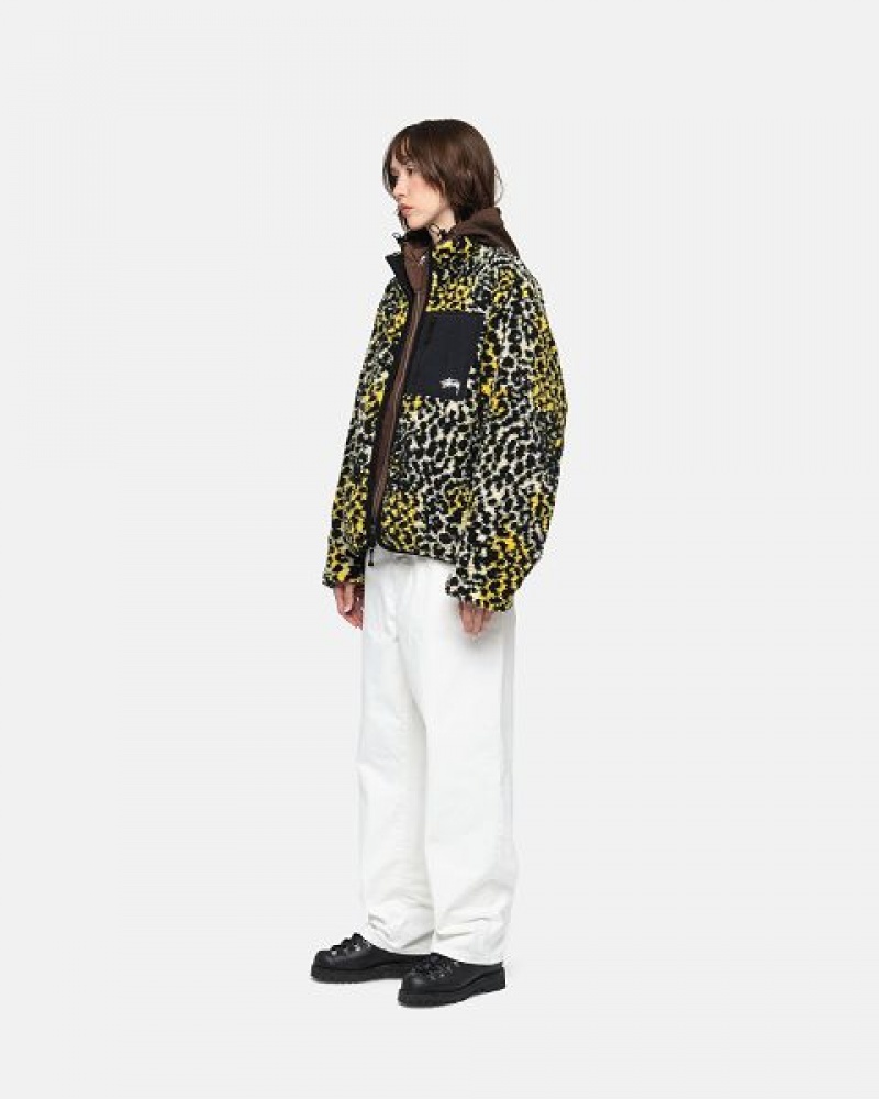 Yellow Leopard Stussy Sherpa Reversible Jackets | 3719MBRLJ