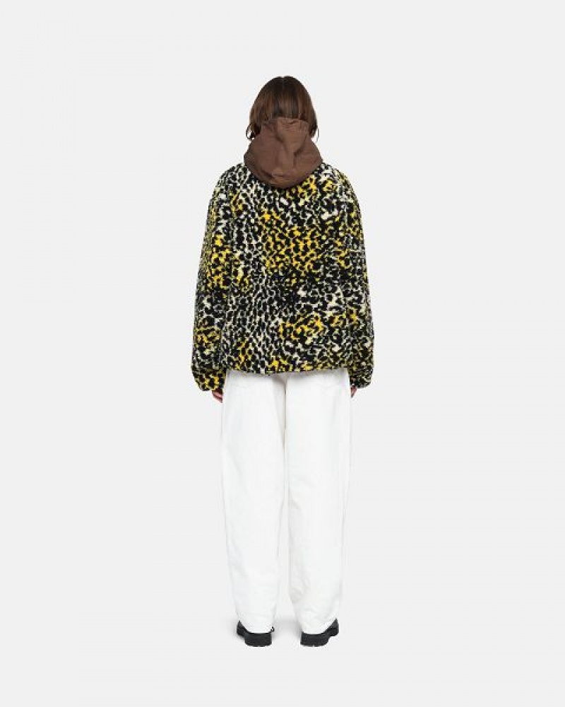 Yellow Leopard Stussy Sherpa Reversible Jackets | 3719MBRLJ