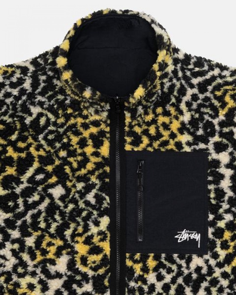 Yellow Leopard Stussy Sherpa Reversible Jackets | 3719MBRLJ