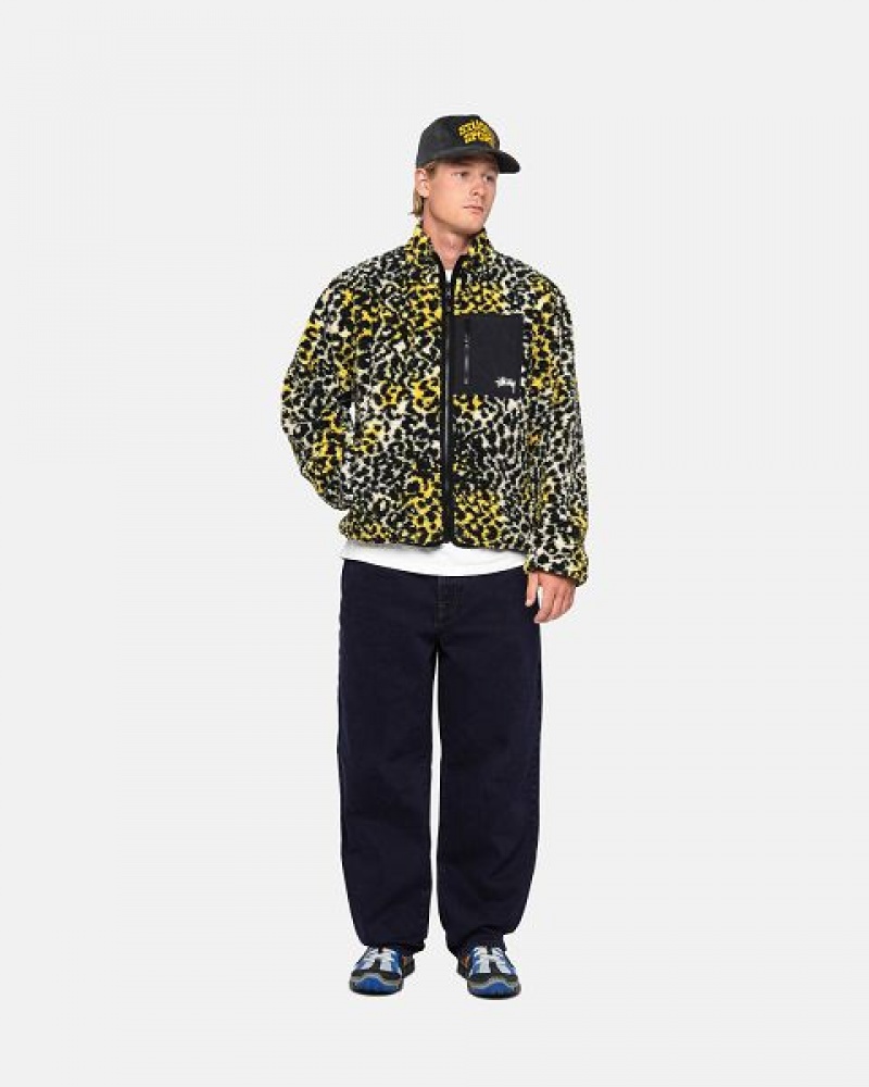 Yellow Leopard Stussy Sherpa Reversible Jackets | 3719MBRLJ